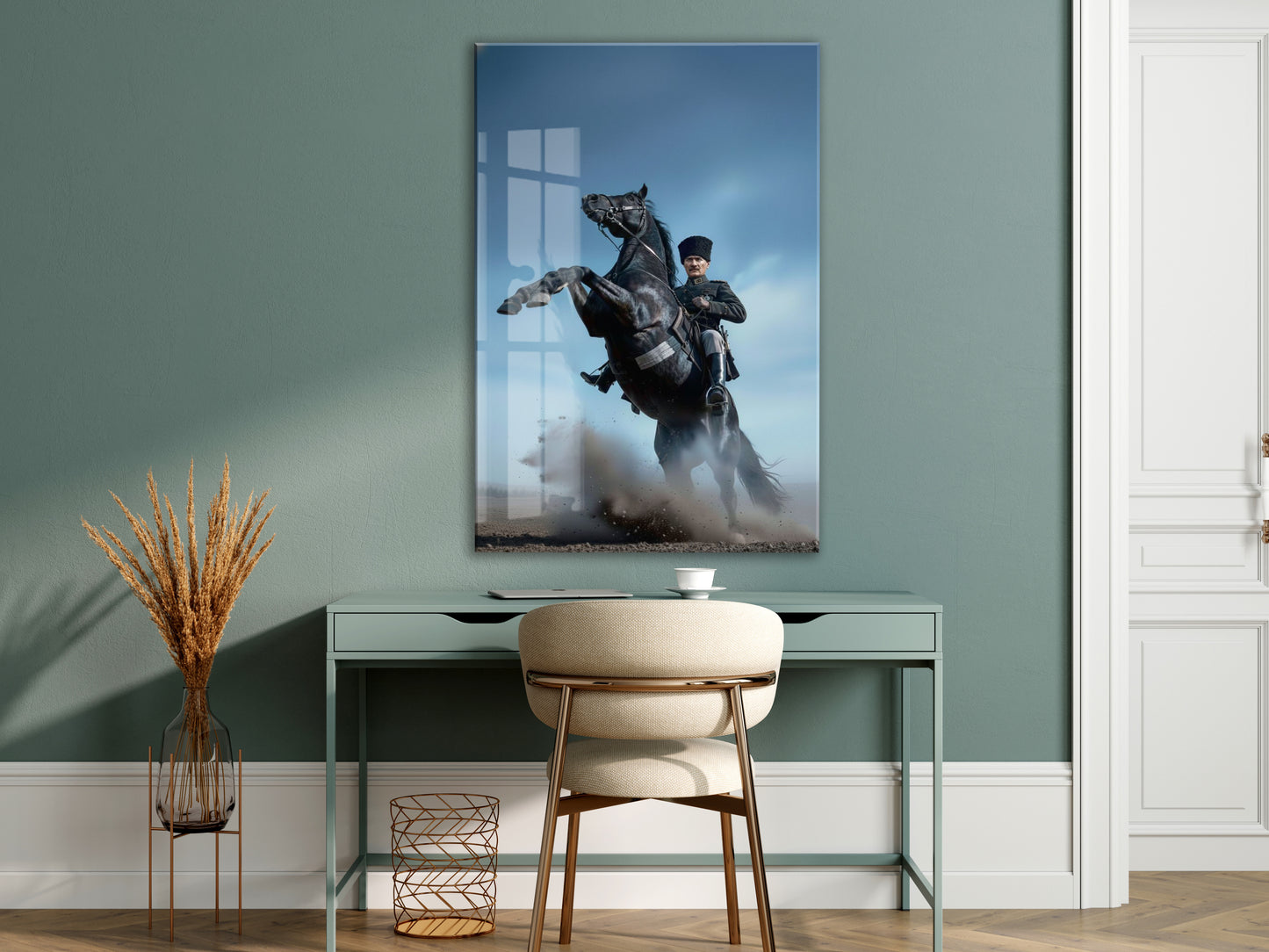 Atatürk At Üzerinde Cam Tablo – Liderlik ve Kurtuluş Ruhunu Yansıtan 4 mm Temperli Cam -PeonyAta056