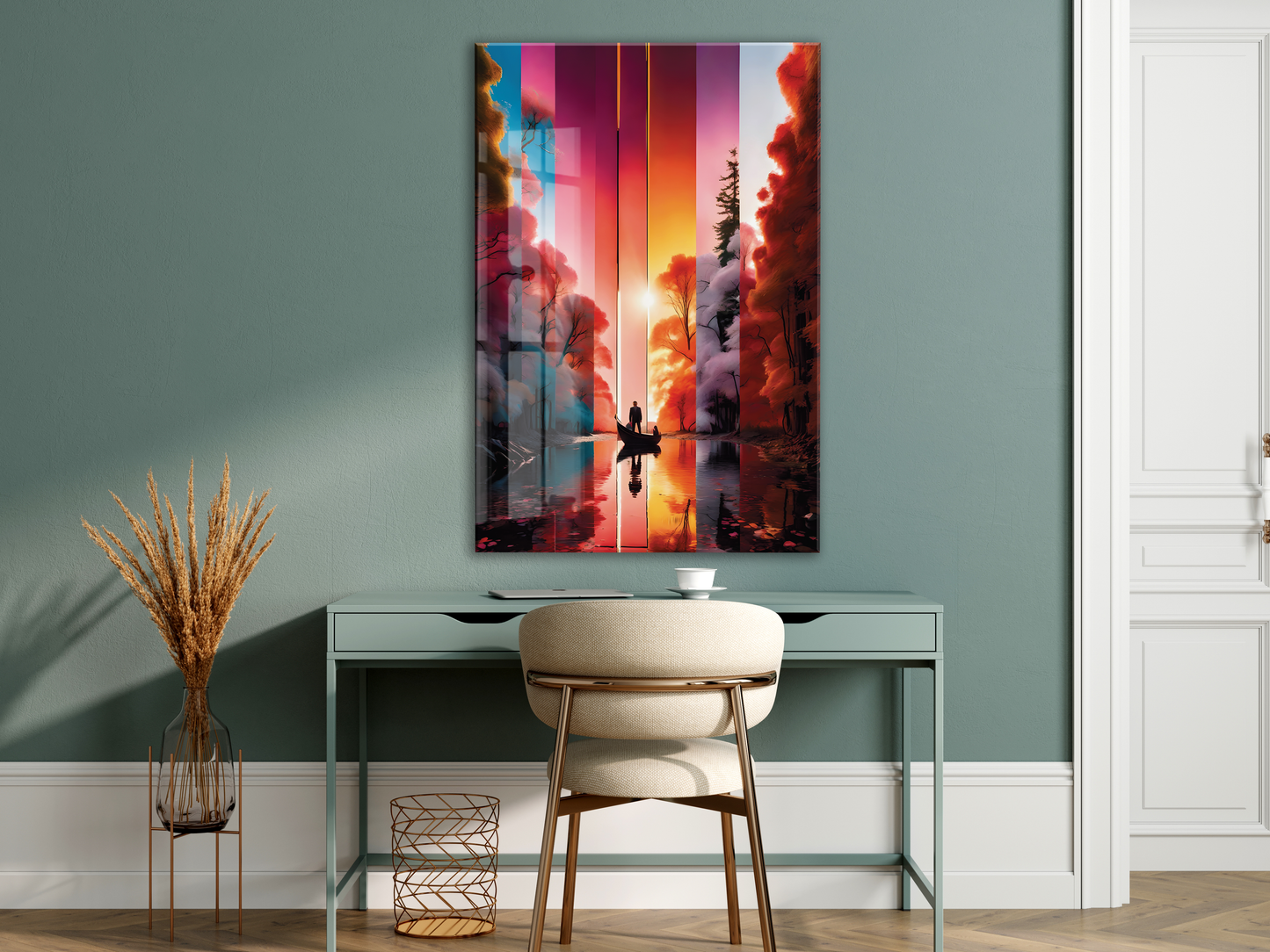 Modern Soyut Gün Batımı Yolculuk Cam Tablo – Renk Geçişli Doğa Temalı Sanatsal UV Baskılı Temperli Cam Duvar Tablosu - Peony020