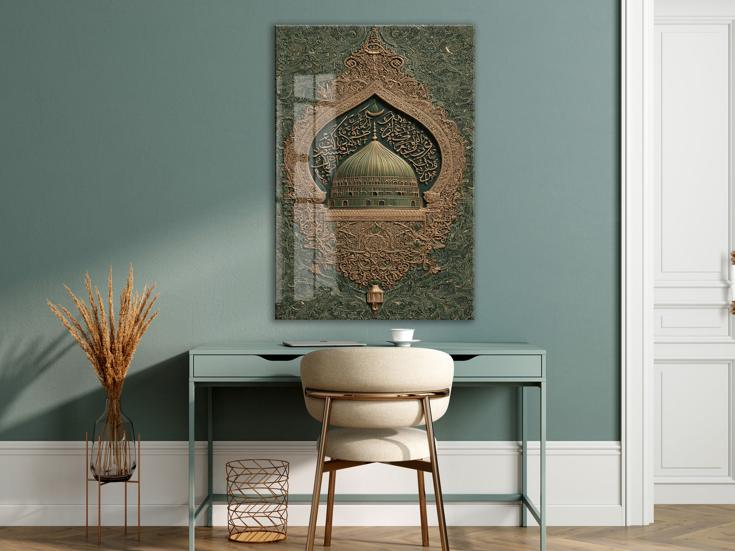 Yeşil Kubbe Cam Tablo | Medine Mescid-i Nebevi Temalı İslami Hat Sanatı, Altın Detaylı Premium UV Baskı Temperli Cam Duvar Dekoru - PeonyDini0102