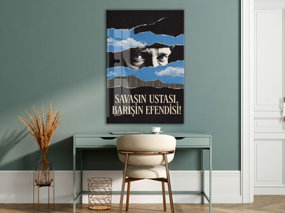 Mustafa Kemal Atatürk Savaşın Ustası Barışın Efendisi Cam Tablo – Modern Mavi Siyah Atatürk Duvar Dekoru -PeonyAta076