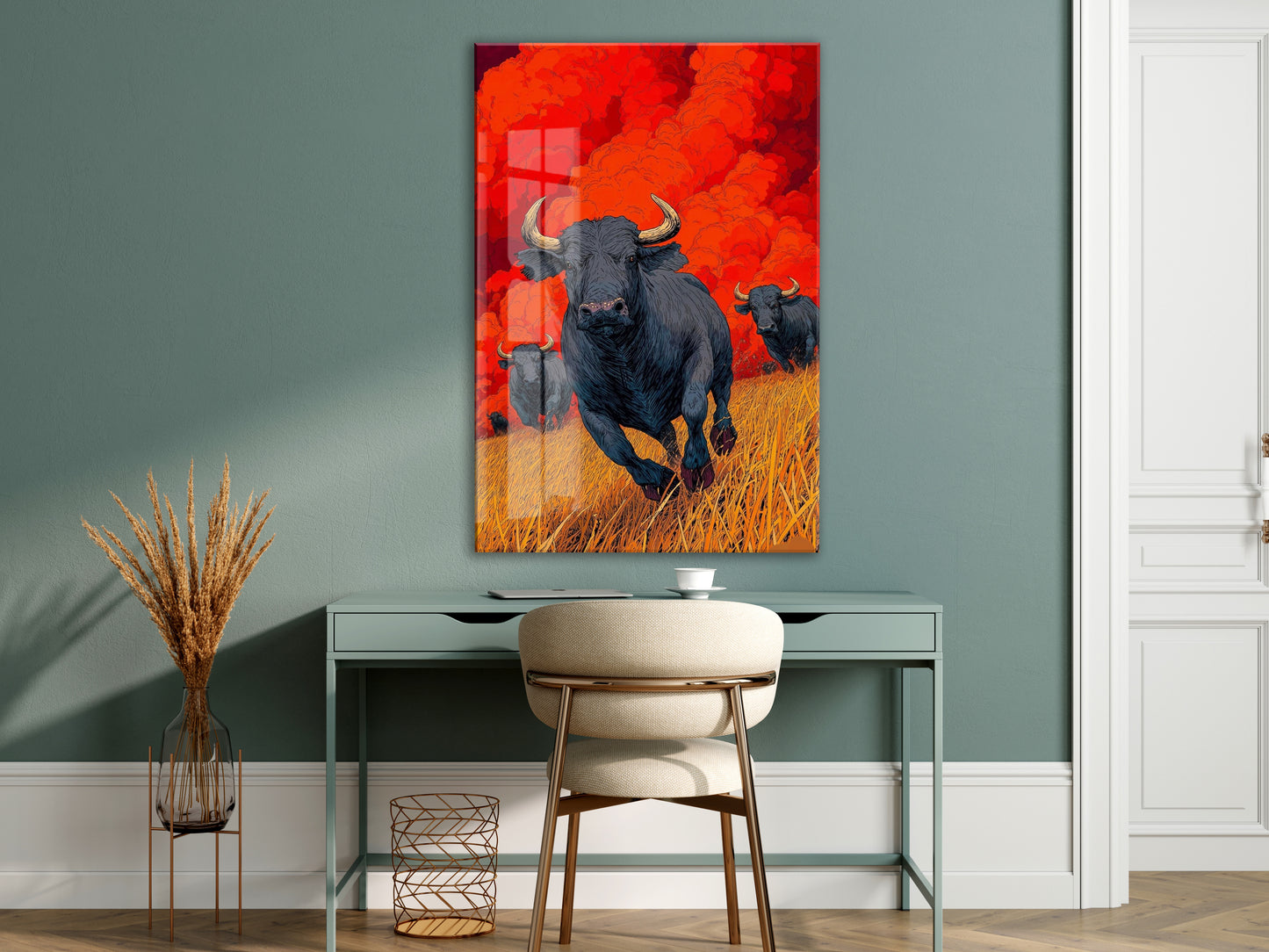Koşan Boğa Figürlü Cam Tablo – Kırmızı Arka Planlı Modern Güç Temalı Duvar Dekoru - Peony074
