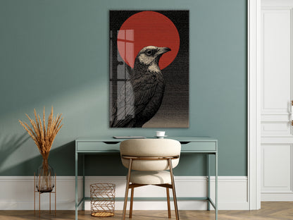 Japon Esintili Kuzgun Cam Tablo – Siyah Zeminli Kırmızı Güneş Temalı Duvar Sanatı - Peony084