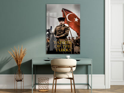 Father Of The Turks , Atatürk At Üzerinde Cam Tablo – Türk Bayraklı Başkomutan Portresi 4 mm Temperli Cam -PeonyAta061