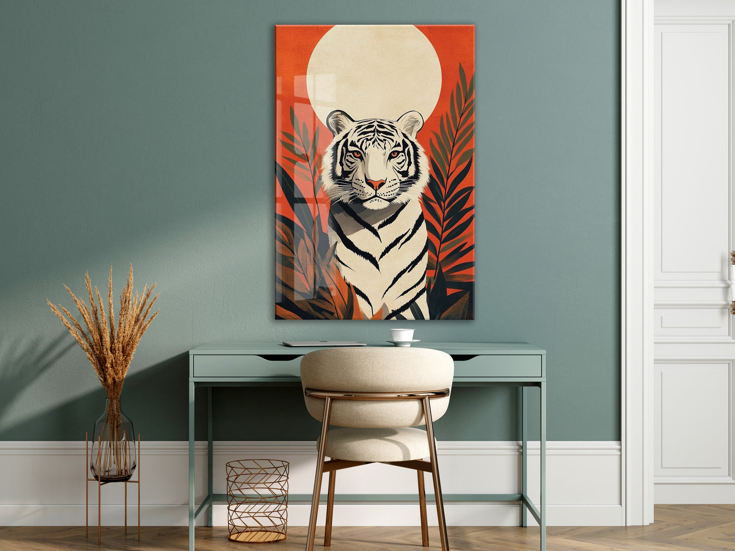White Tiger Art – Tropikal Yapraklı Minimal Cam Tablo - Peony142
