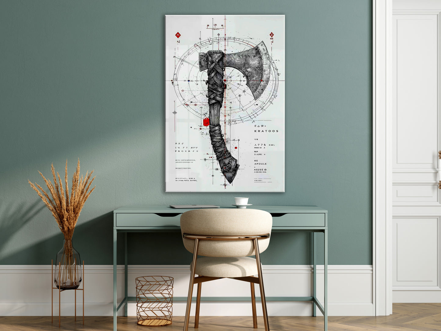 “Keskin Denge” – Geometrik ve Savaş Baltası Temalı Sanatsal Cam Tablo - Peony061