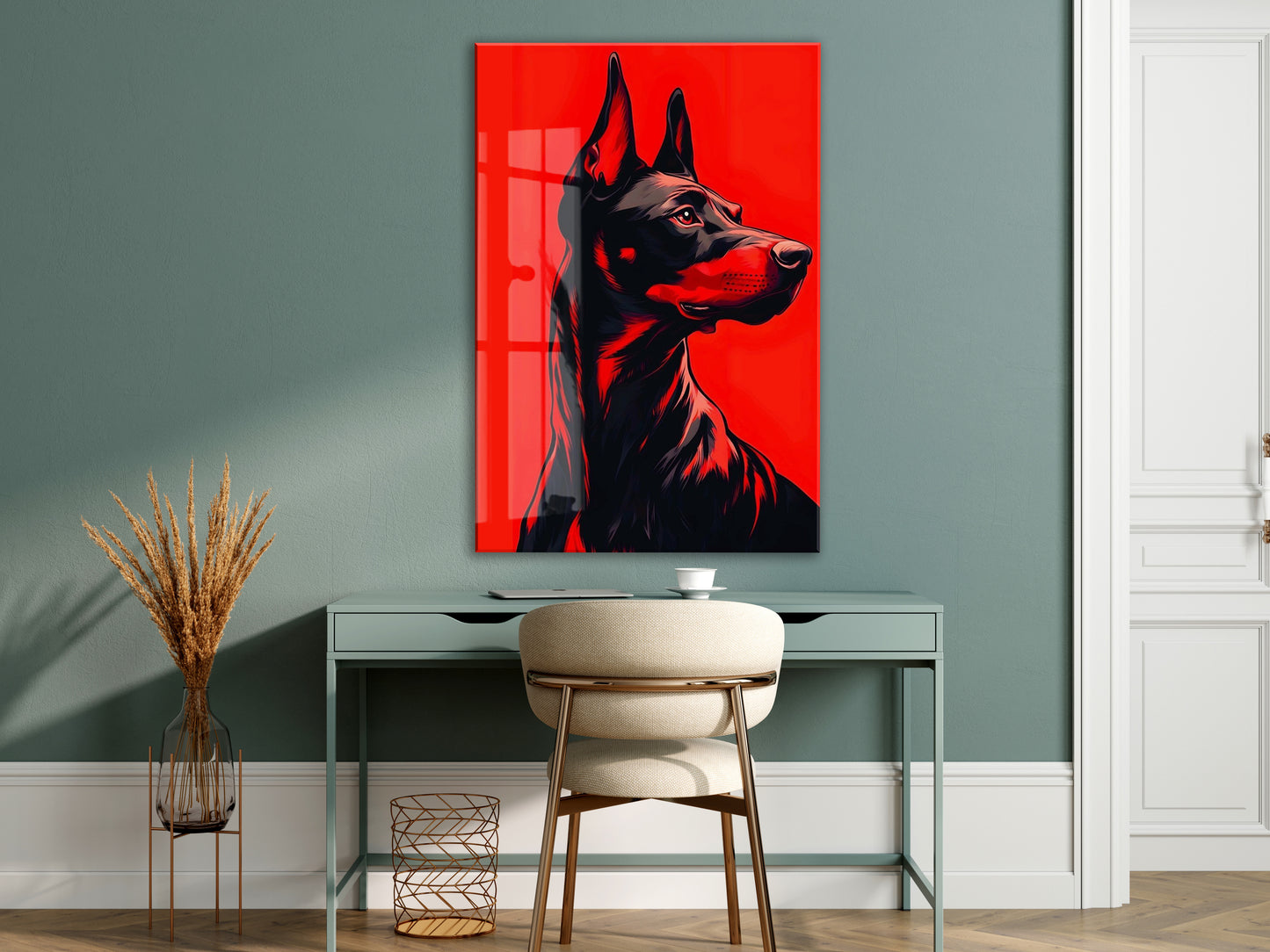 Doberman Portre – Kırmızı Arka Plan Modern Duvar Tablosu - Peony139