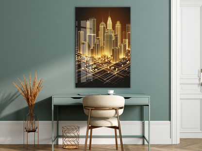 Modern Altın Şehir Silüeti Cam Baskı Tablo | 4mm Temperli Cam, Yüksek Çözünürlüklü UV Baskı, Parlak Yüzey, Ofis ve Salon Duvar Dekoru - Peony046