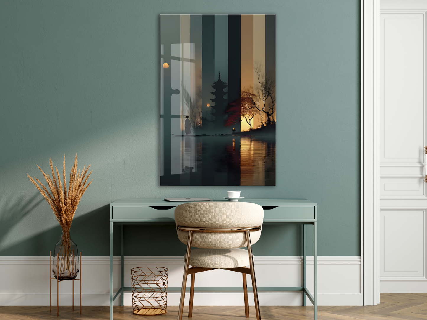 Modern Asya Tapınak Silüeti Cam Tablo – Gece ve Gün Batımı Temalı Sanatsal UV Baskılı Temperli Cam Duvar Tablosu - Peony016