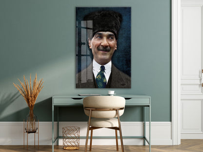 Kalpaklı Atatürk Portre Cam Tablo – Millî Mücadele Ruhunu Yansıtan Modern 4 mm Temperli Cam Duvar Dekoru -PeonyAta1003