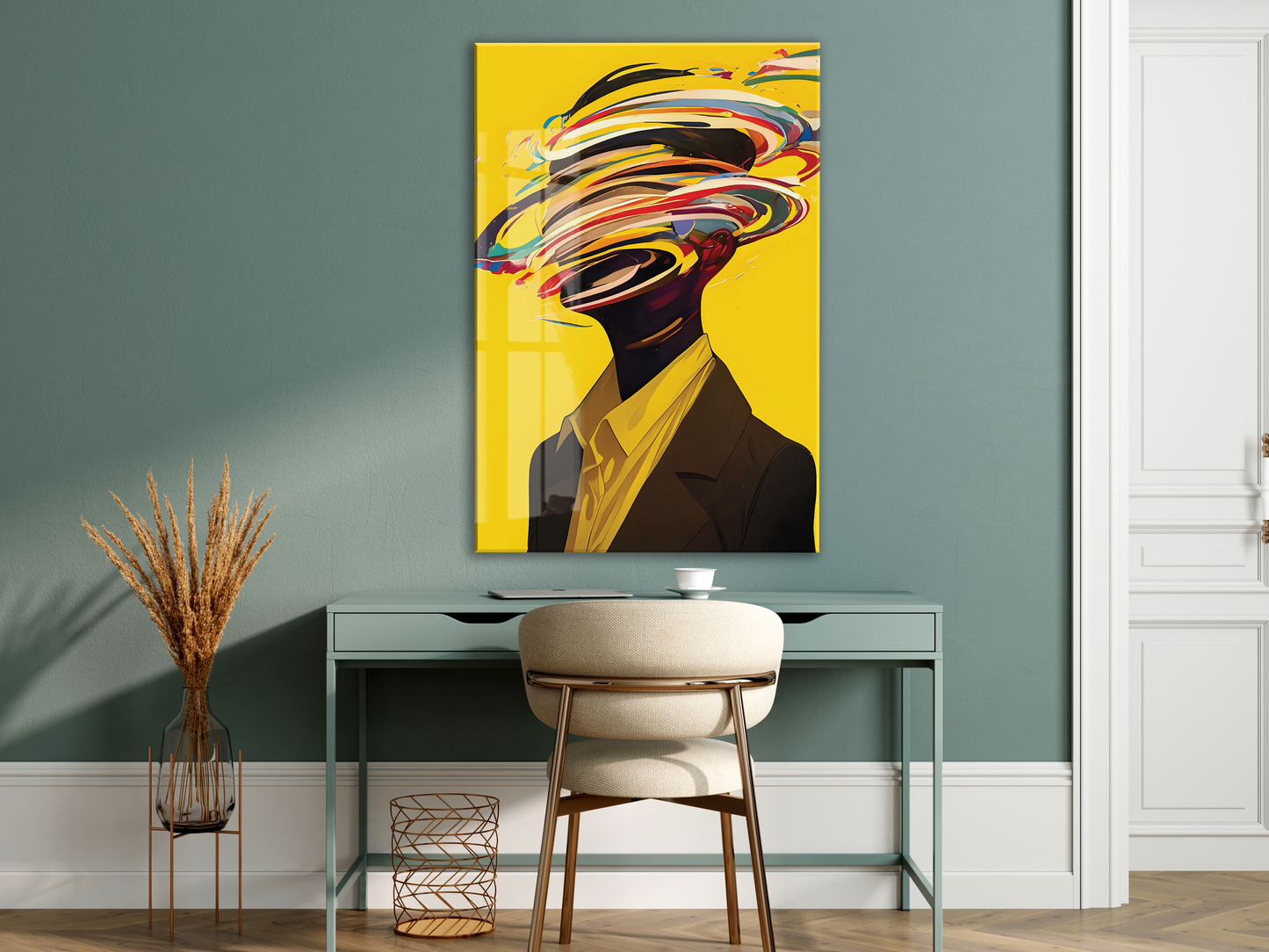 Modern Soyut Portre Cam Tablo – Renkli Fırça Efektli Sanatsal UV Baskılı Temperli Cam Duvar Tablosu - Peony014