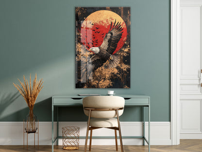 Altın Dokulu Zeminli Kartal Cam Tablo – Güçlü Liderlik ve Özgürlük Temalı Duvar Dekoru - Peony081