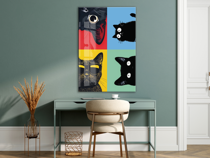 Pop Art Cats – Dört Ruh, Tek Stil Pop Art Duvar  Cam Sanatı- Peony052