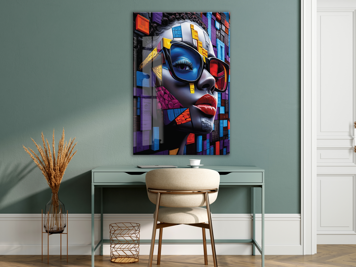Geometrik Portre Soyut Cam Tablo – Modern Pop Art Stilinde UV Baskılı Temperli Cam Duvar Tablosu - Peony028