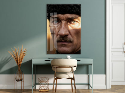 Mustafa Kemal Atatürk Portre Cam Tablo – Siyah Beyaz Derin Bakışlı Modern Duvar Dekoru -PeonyAta069
