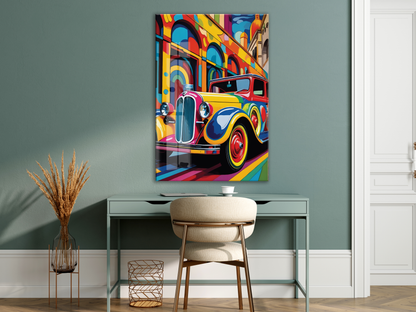 Renkli Klasik Araba Cam Tablo – Retro Otomobil Temalı Modern Pop Art, UV Baskılı Temperli Cam Duvar Tablosu - Peony036