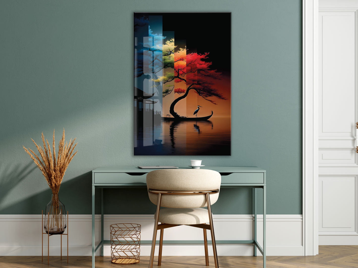 Soyut Portre Cam  Tablo – Renkli Fırça Efektli Sanatsal UV Baskılı Temperli Cam Duvar Tablosu  Modern Soyut Dört Mevsim Ağacı Cam Tablo – Doğa ve Denge Temalı Sanatsal UV Baskılı Temperli Cam Duvar Tablosu - Peony015