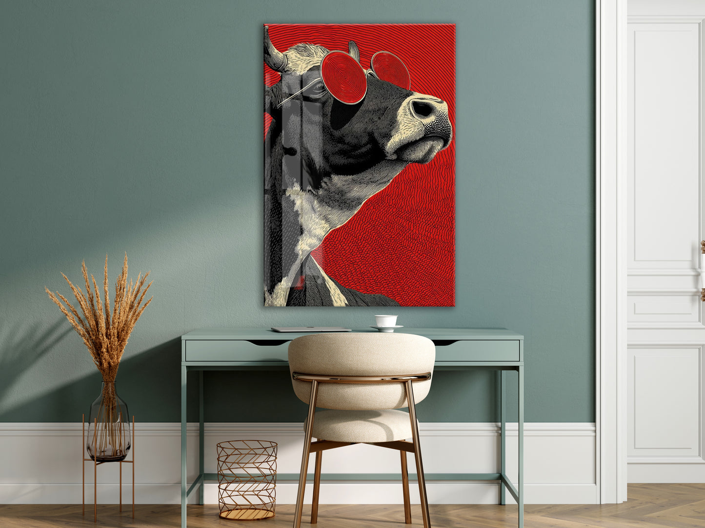 Pop Art Tarzı Boğa Cam Tablo – Kırmızı Arka Planlı Karizmatik Duvar Dekoru - Peony077