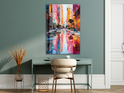 Renkli Modern Şehir Sokağı Cam Tablo – Yansımalı Sokak Manzarası ve Çağdaş Duvar Dekoru - Peony056