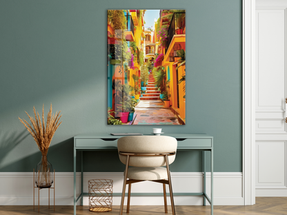 Renkli Akdeniz Sokağı Cam Tablo – Canlı Mimari ve Dar Sokak Temalı Dekoratif Duvar Tablosu - Peony054