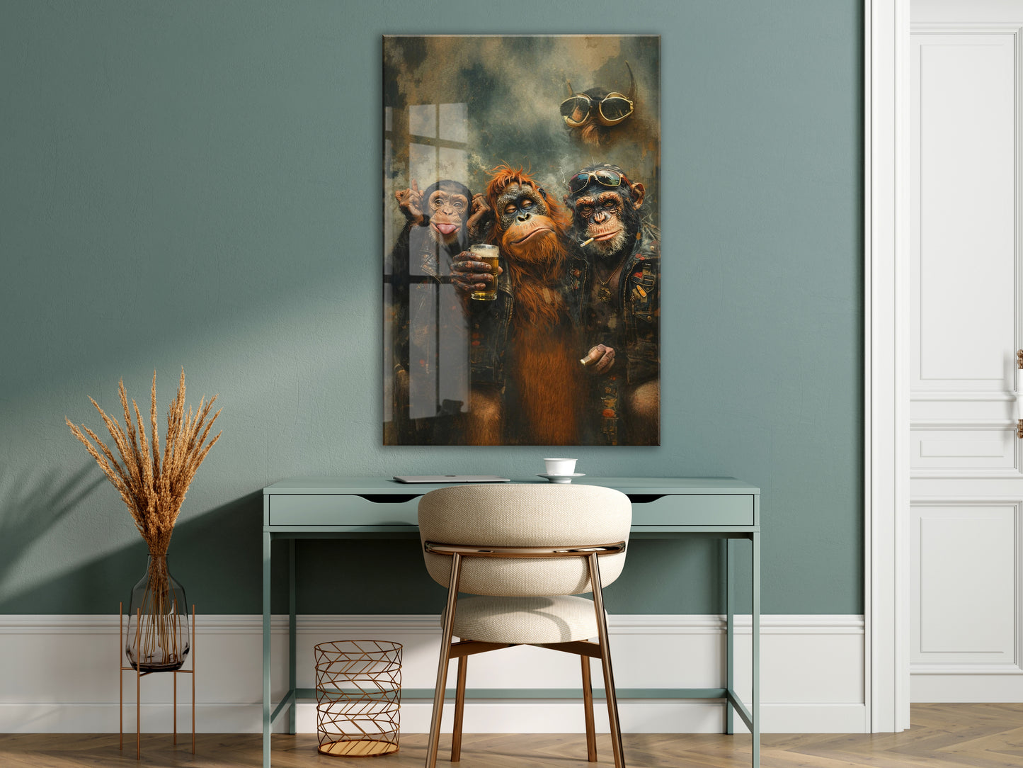 Biker Maymunlar Cam Tablo – Maskülen ve Karizmatik Bar Duvar Dekoru - Peony085