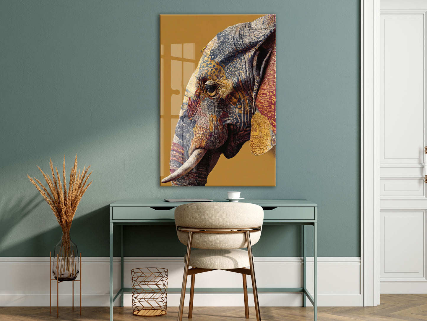 Bohem Stil Fil İllüstrasyonu – Hardal Fonlu Dekoratif Tabl - Peony118