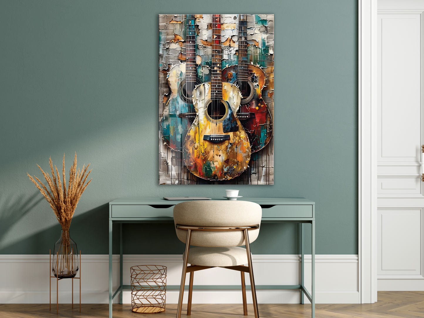 Vintage Gitar Kompozisyonu Cam Tablo – Müzik Temalı Modern Soyut Sanat, Renkli UV Baskılı Temperli Cam Duvar Tablosu - Peony033