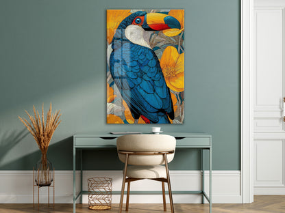 Renkli Tukan Kuşu Cam Duvar Tablosu – Tropikal Çiçekli Modern Tasarım- Peony117