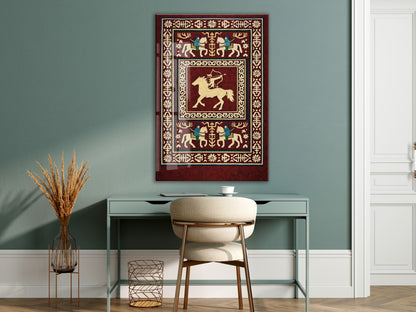 Orta Asya Türk Motifleri Cam Tablo – Atlı Okçu ve Geleneksel Türk Desenleri Duvar Dekoru - PeonyTrk009