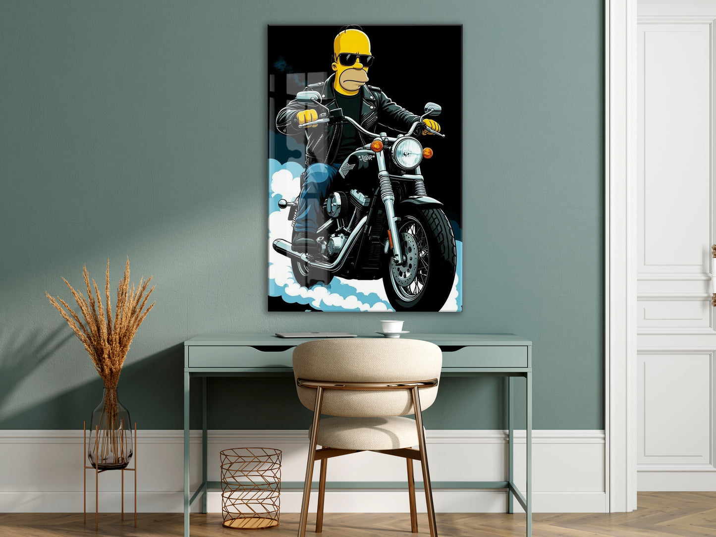 Homer Simpson Harley Tarzı Motor Cam Duvar Tablosu – Modern Erkek Odası Dekoru- Peony111