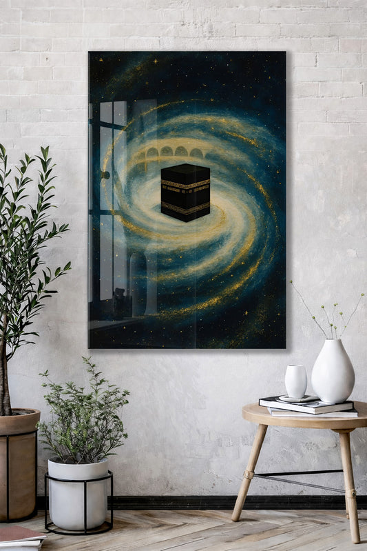 Kâbe Temalı Cam Tablo – Kozmik Tevhid Anlatımlı İslami Duvar Dekoru - PeonyDini143