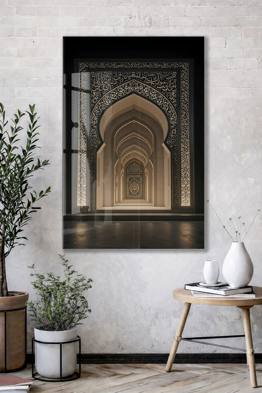 İslami Mimari Temalı Cam Tablo – Hat Sanatlı Kemerli Mekân Duvar Dekoru - PeonyDini139