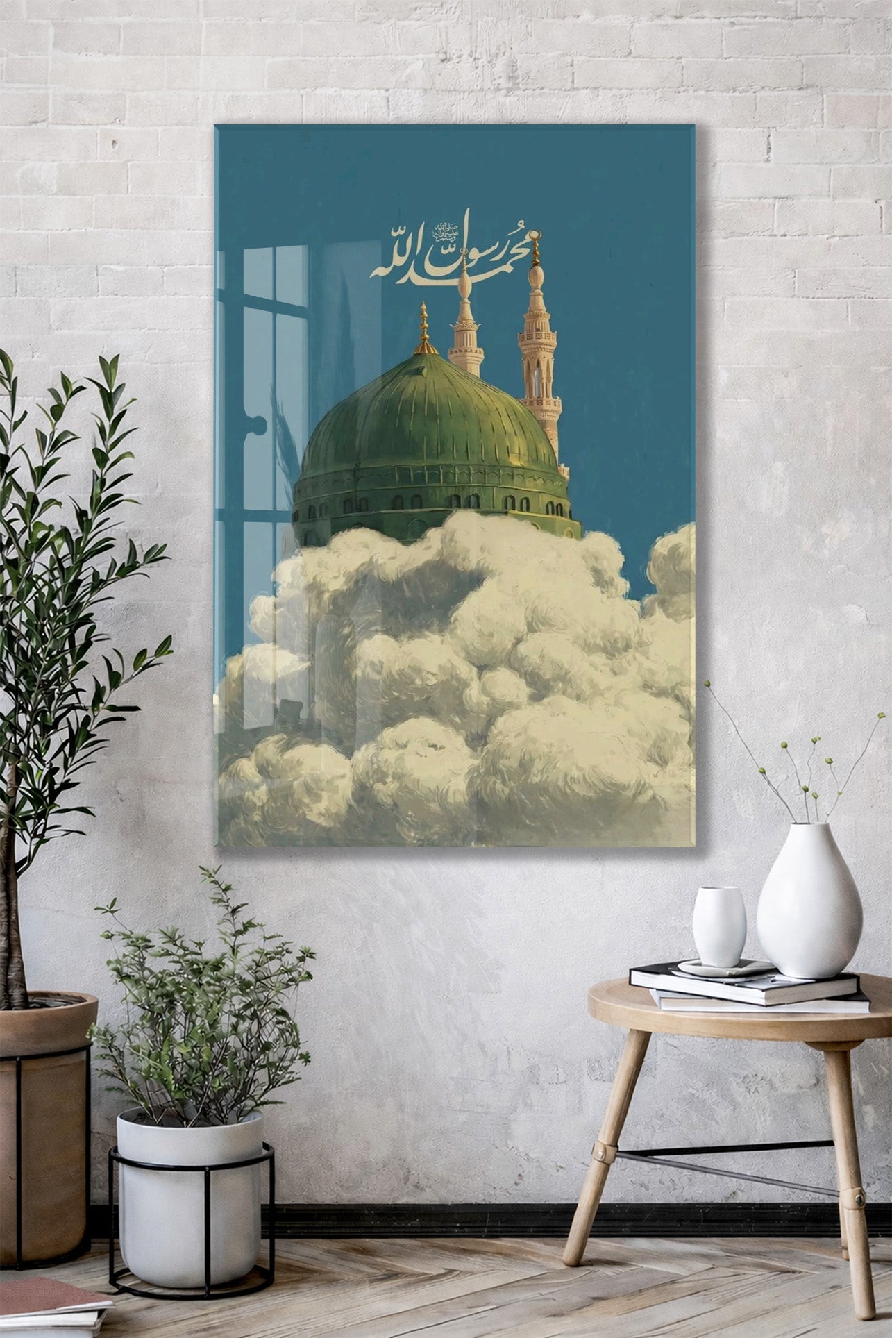 Mescid-i Nebevî Yeşil Kubbe Cam Tablo – Muhammed Resûlullah Yazılı İslami Duvar Dekoru - PeonyDini140
