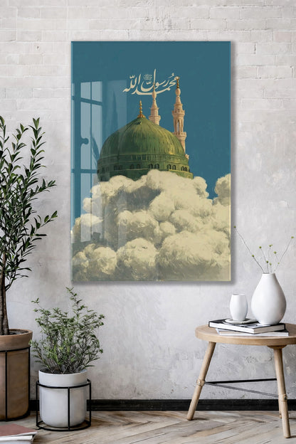 Mescid-i Nebevî Yeşil Kubbe Cam Tablo – Muhammed Resûlullah Yazılı İslami Duvar Dekoru - PeonyDini140
