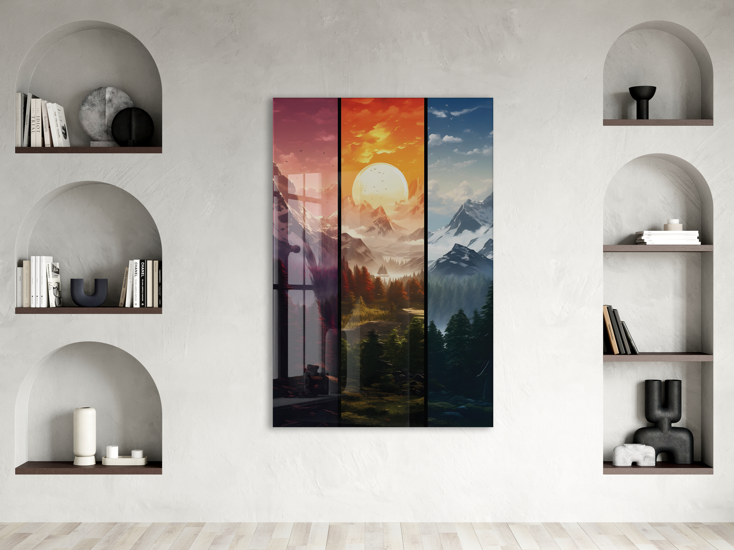 Modern Çok Panelli Dağ ve Gün Batımı Cam Tablo – Doğa Manzarası Temalı UV Baskılı Temperli Cam Duvar Tablosu - Peony003