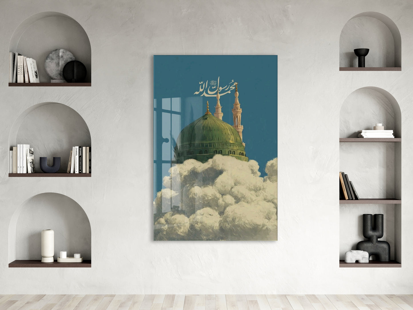 Mescid-i Nebevî Yeşil Kubbe Cam Tablo – Muhammed Resûlullah Yazılı İslami Duvar Dekoru - PeonyDini140