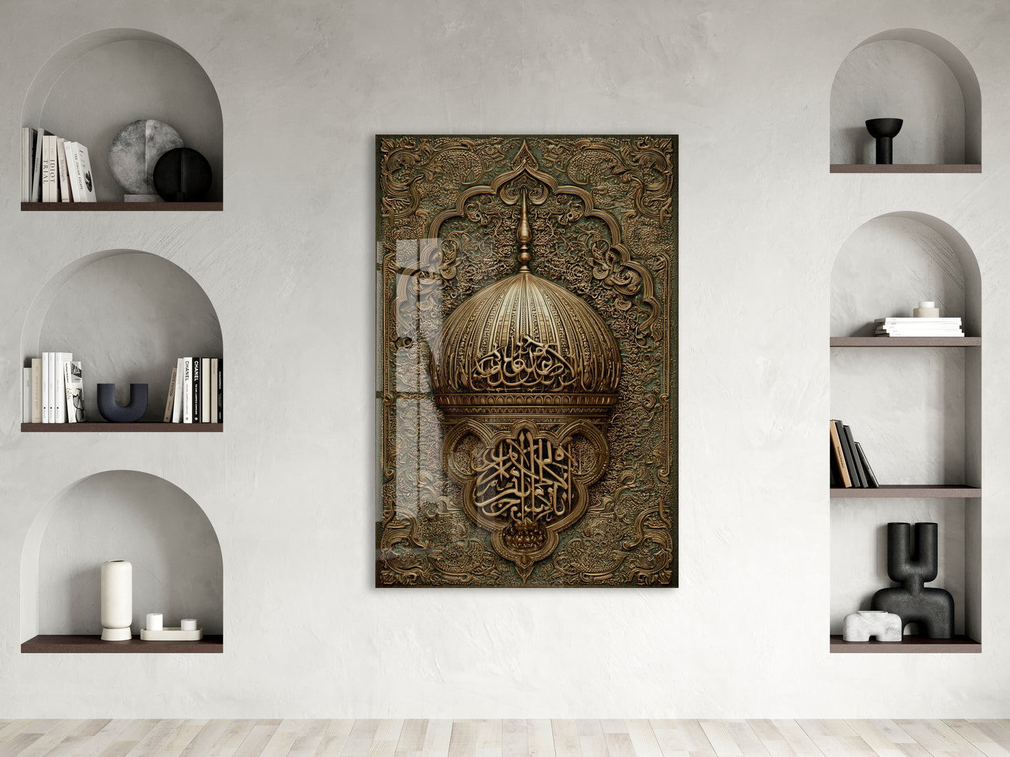 İslami Hat Sanatlı Cam Tablo – Altın Kubbe Motifli Lüks Cam Duvar Dekoru - PeonyDini135