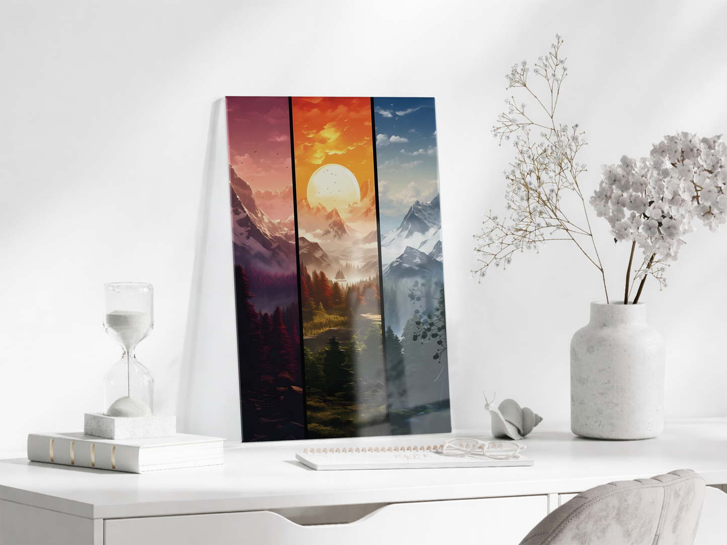 Modern Çok Panelli Dağ ve Gün Batımı Cam Tablo – Doğa Manzarası Temalı UV Baskılı Temperli Cam Duvar Tablosu - Peony003