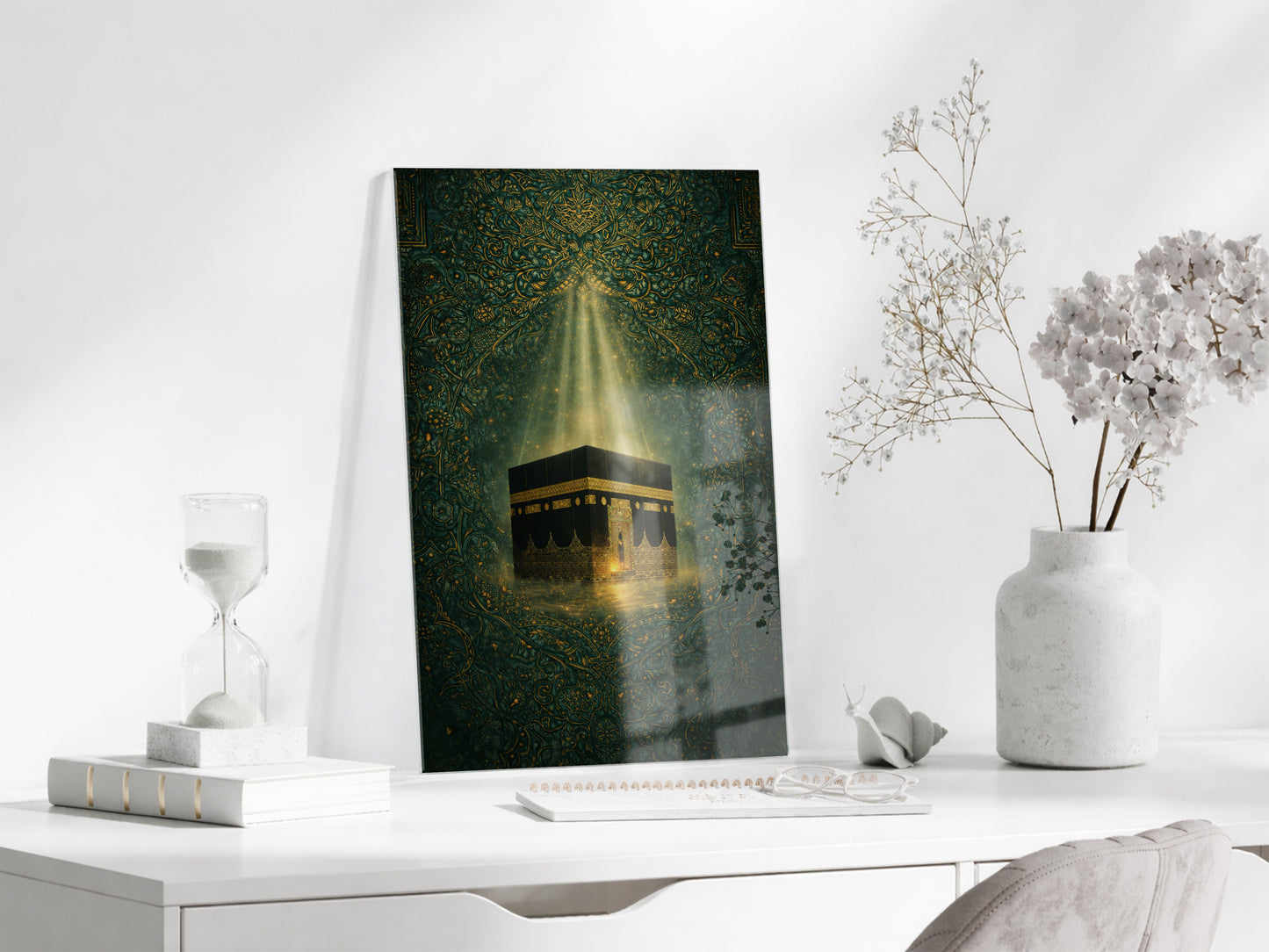 Kabe Temalı Cam Tablo – Altın Işık Efektli İslami Duvar Dekoru - PeonyDini151