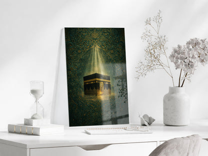 Kabe Temalı Cam Tablo – Altın Işık Efektli İslami Duvar Dekoru - PeonyDini151