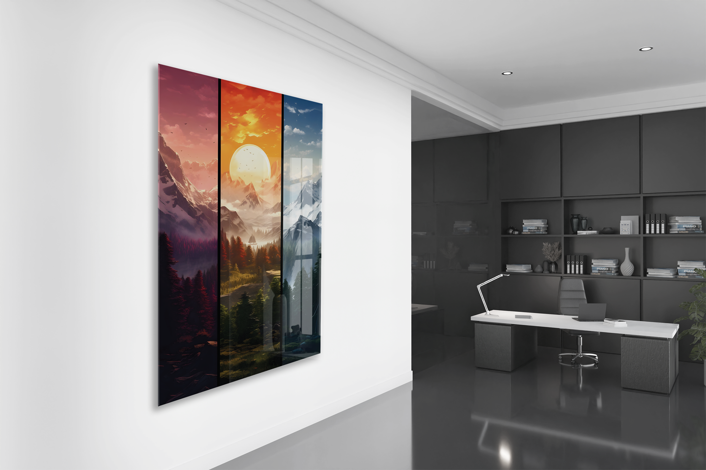 Modern Çok Panelli Dağ ve Gün Batımı Cam Tablo – Doğa Manzarası Temalı UV Baskılı Temperli Cam Duvar Tablosu - Peony003