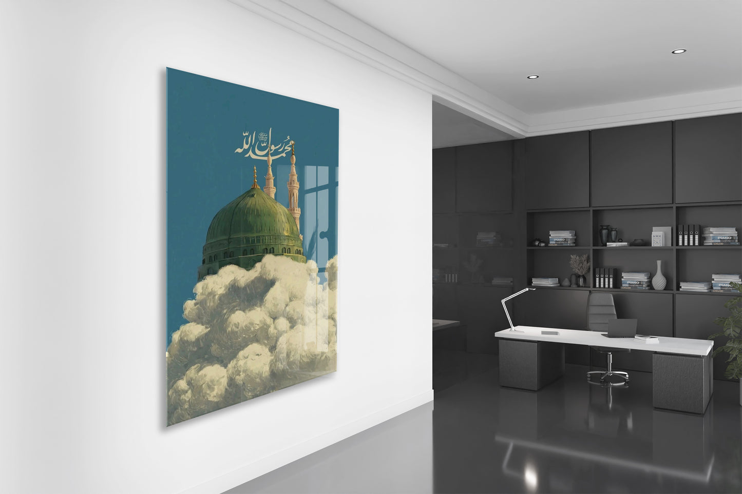 Mescid-i Nebevî Yeşil Kubbe Cam Tablo – Muhammed Resûlullah Yazılı İslami Duvar Dekoru - PeonyDini140