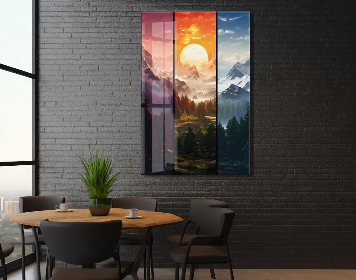 Modern Çok Panelli Dağ ve Gün Batımı Cam Tablo – Doğa Manzarası Temalı UV Baskılı Temperli Cam Duvar Tablosu - Peony003