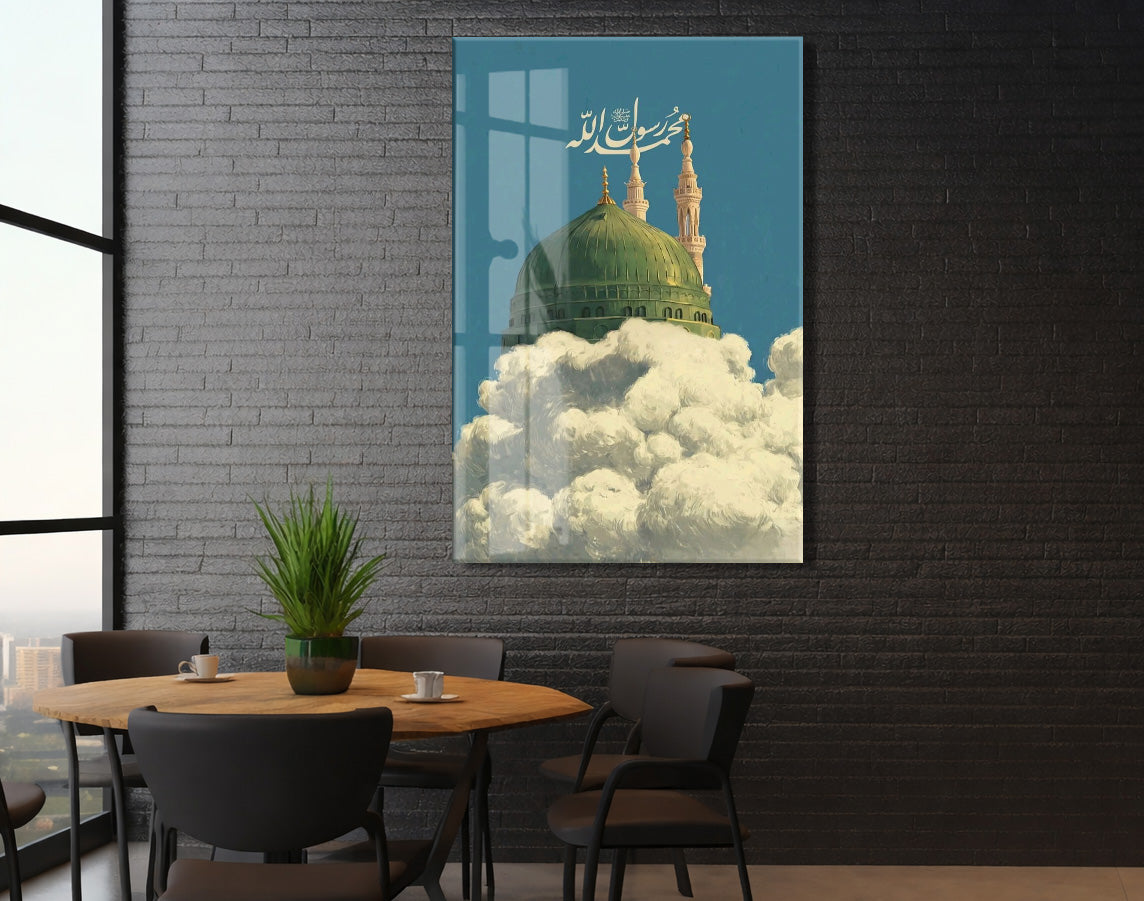 Mescid-i Nebevî Yeşil Kubbe Cam Tablo – Muhammed Resûlullah Yazılı İslami Duvar Dekoru - PeonyDini140