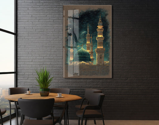 Mescid-i Nebevi Cam Tablo – Medine Yeşil Kubbe İslami Duvar Dekoru - PeonyDini149