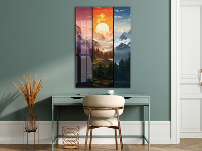 Modern Çok Panelli Dağ ve Gün Batımı Cam Tablo – Doğa Manzarası Temalı UV Baskılı Temperli Cam Duvar Tablosu - Peony003