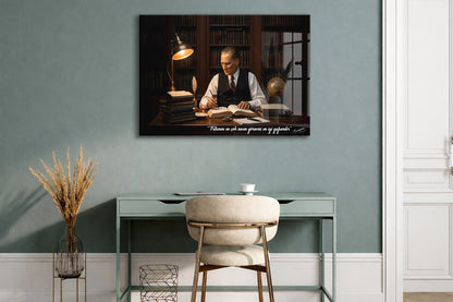 Mustafa Kemal Atatürk Çalışma Masası Cam Tablo | İmzalı Premium Cam Poster -PeonyAta1322