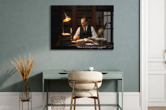 Mustafa Kemal Atatürk Çalışma Masası Cam Tablo | İmzalı Premium Cam Poster -PeonyAta1322