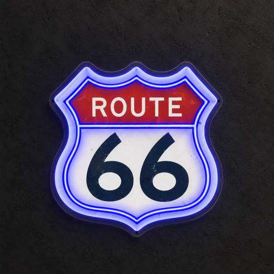 Route 66 Neon Duvar Dekoru | Retro Amerikan Karayolu Temalı LED Işıklı Tabela | Gamer & Bar Dekorasyonu