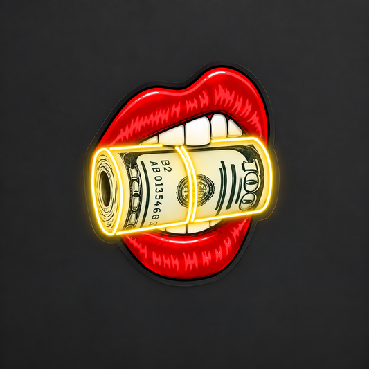 Pop Art Dudak Neon Duvar Dekoru | Para Rulosu Isıran Dudak Tasarımı | Işıklı LED Pleksi Duvar Sanatı