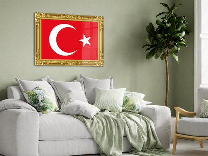 Altın Çerçeve Görünümlü Türk Bayrağı Cam Tablo | 4 mm Temperli UV Baskılı Premium Duvar Dekoru -PeonyAta1317